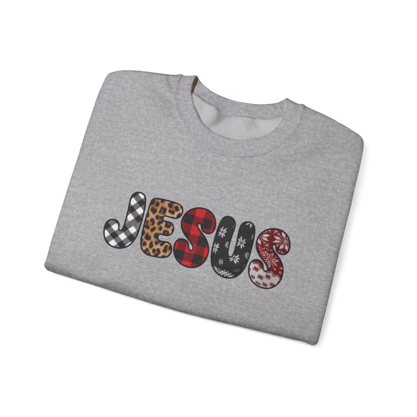 Jesus CHRIST-mas season Graphic Sweatshirt — Leopard & Plaid Patchwork Faith Crewneck