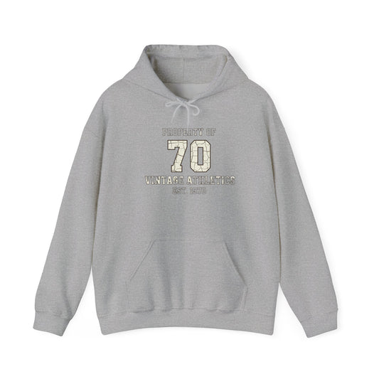 Vintage 70 Birth Year Varsity Hoodie – Retro 'Property of 70' Birth Year Comfort Sweatshirt
