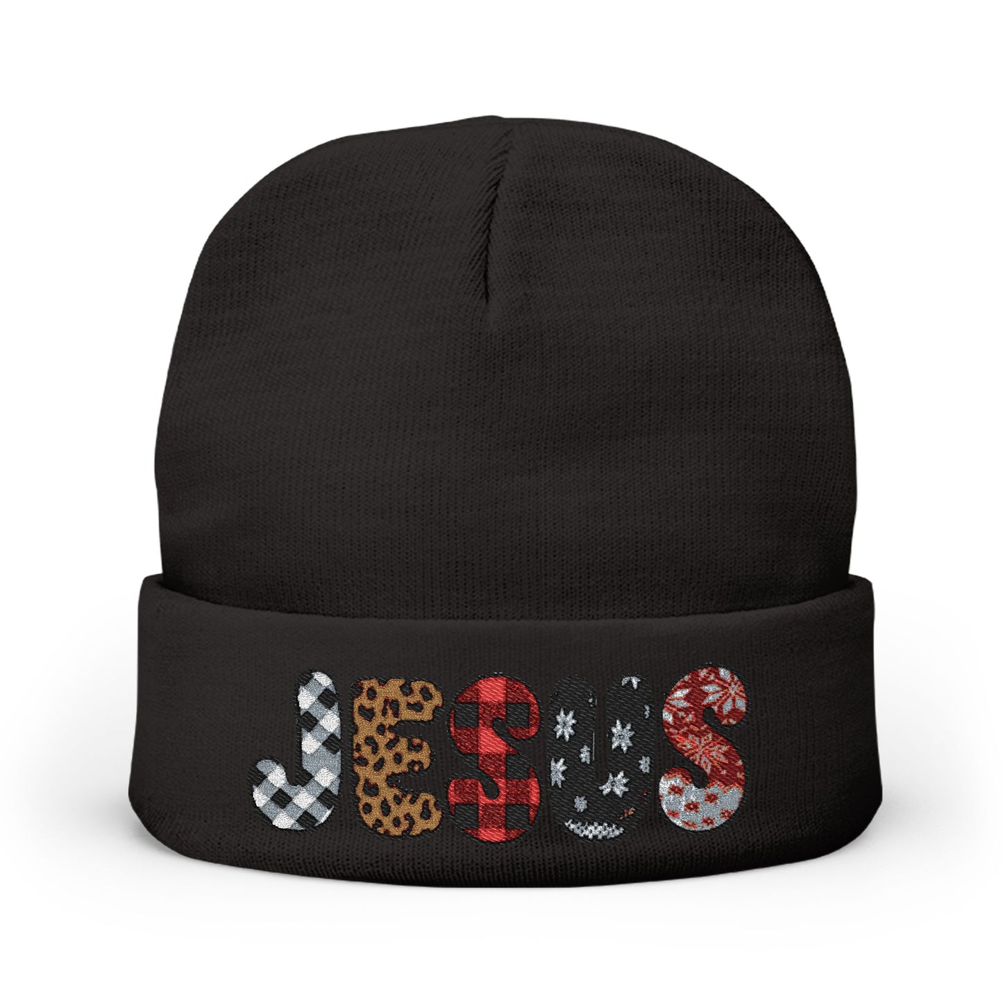 Embroidered 'JESUS' Knit Beanie – Leopard & Sequin Pattern Cuff