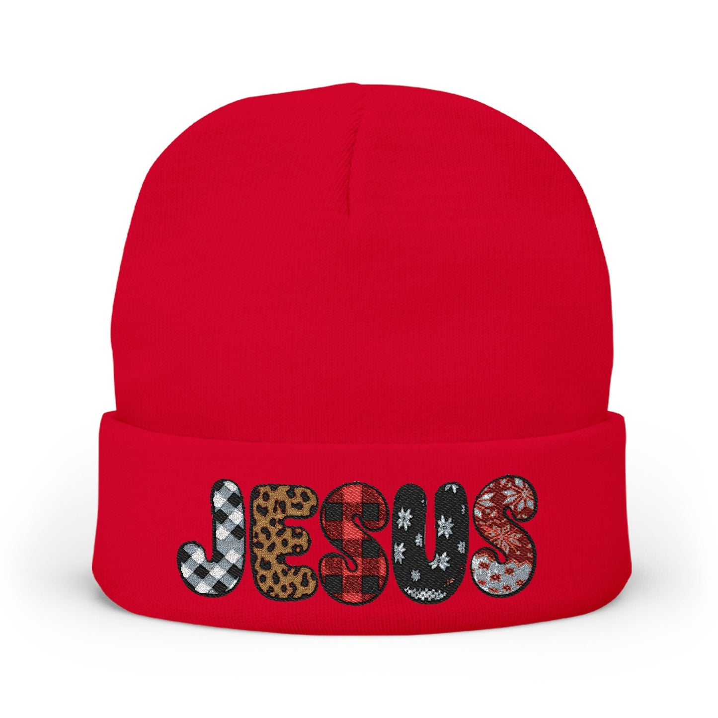 Embroidered 'JESUS' Knit Beanie – Leopard & Sequin Pattern Cuff