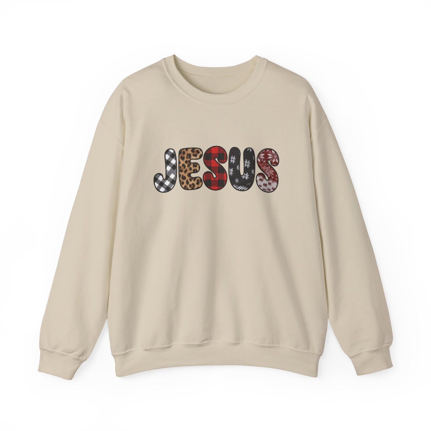 Jesus CHRIST-mas season Graphic Sweatshirt — Leopard & Plaid Patchwork Faith Crewneck