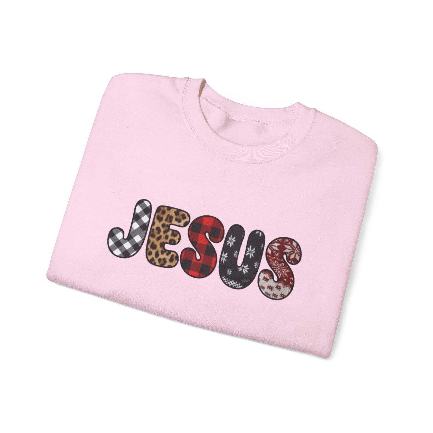 Jesus CHRIST-mas season Graphic Sweatshirt — Leopard & Plaid Patchwork Faith Crewneck