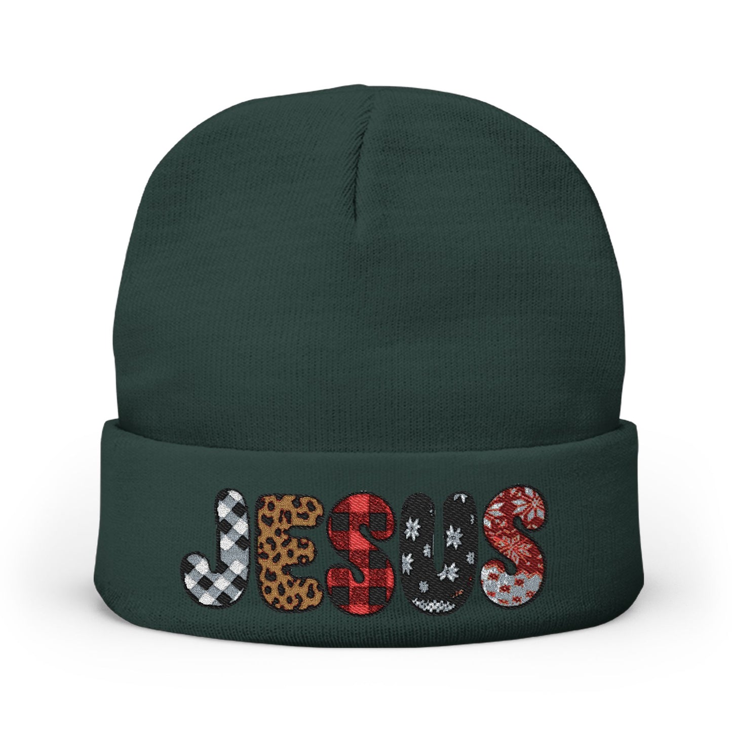 Embroidered 'JESUS' Knit Beanie – Leopard & Sequin Pattern Cuff