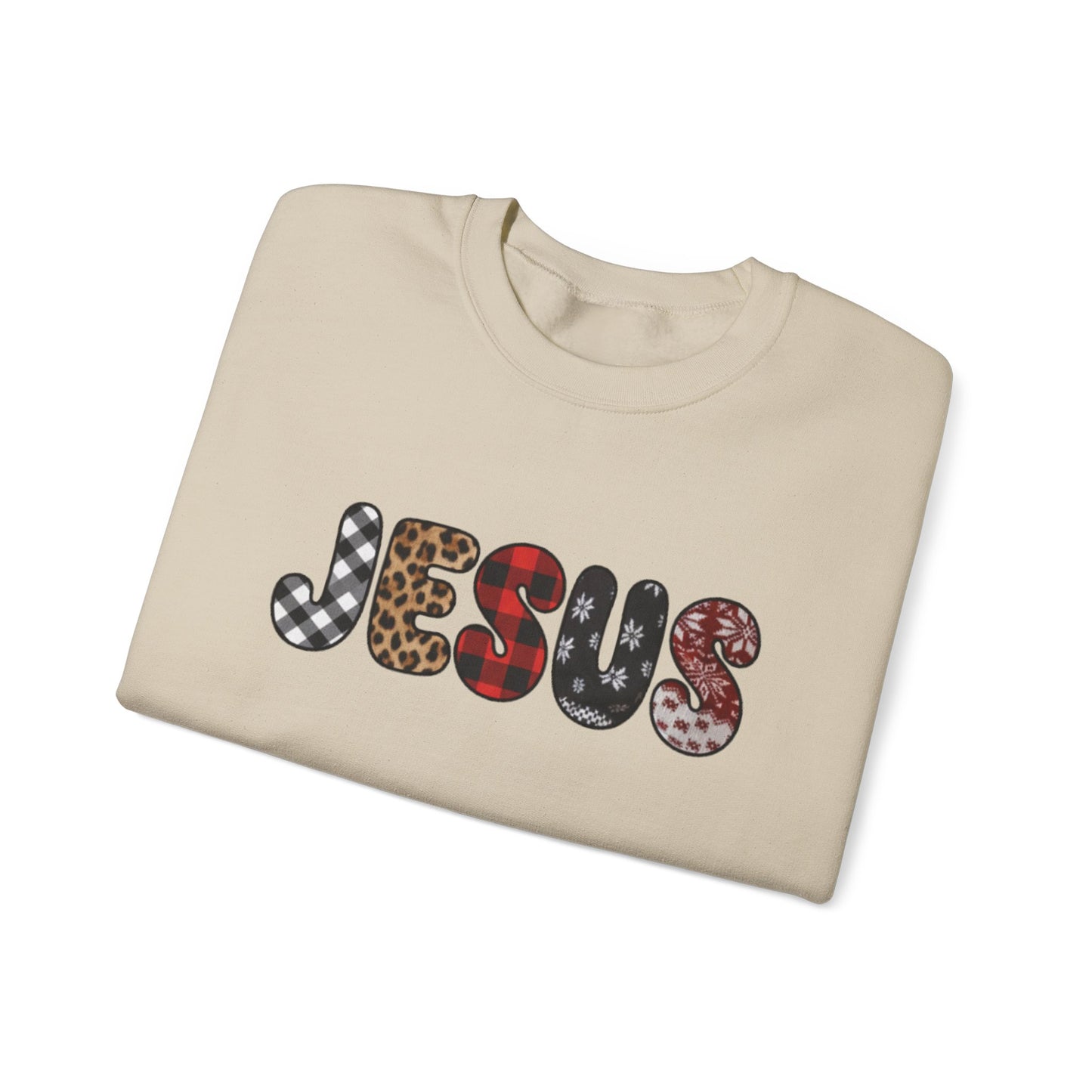 Jesus CHRIST-mas season Graphic Sweatshirt — Leopard & Plaid Patchwork Faith Crewneck