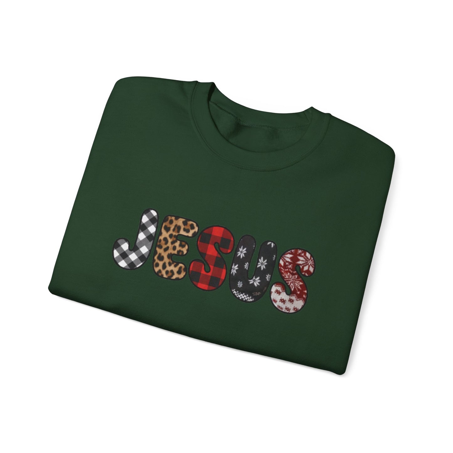Jesus CHRIST-mas season Graphic Sweatshirt — Leopard & Plaid Patchwork Faith Crewneck