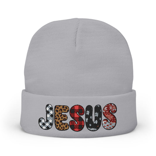 Embroidered 'JESUS' Knit Beanie – Leopard & Sequin Pattern Cuff