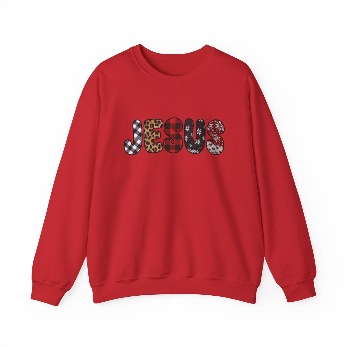 Jesus CHRIST-mas season Graphic Sweatshirt — Leopard & Plaid Patchwork Faith Crewneck